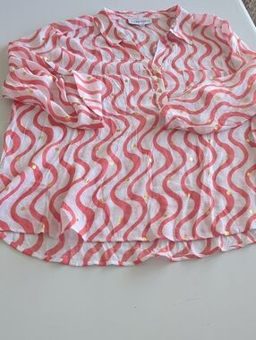 Alex & Parker Womens' Coral and White Wavy Stripe Button-Up Top with Gold Foil